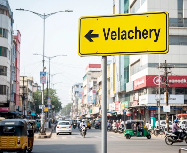 Aerial view of Velachery highlighting premium flats for sale and new apartments.